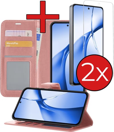 Hoesje - Met 2x Screenprotector - Geschikt voor OnePlus Nord CE4 - Luxe Pasjeshouder - Flip Case - Bookcase Portemonee - Kunstleer Book Case - Flipcase Hoes - Book Cover - Walletcase - Portemonneehoes - Telefoonhoes - Rosé goud