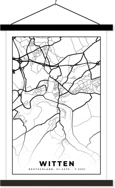 Posterhanger incl. Poster 40x60 cm - Schoolplaat - Witten - Kaart - Plattegrond - Stadskaart - Textielposter - Zwarte latten - Stadskaart