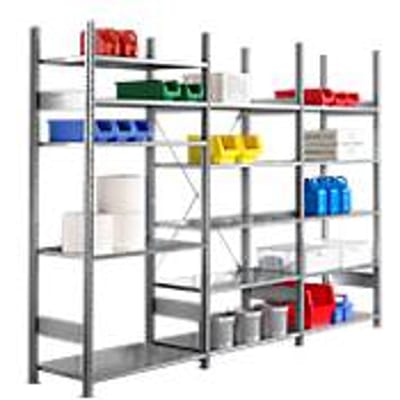 Legbordstelling R 3000 , B 3105 x P 400 x H 2278 mm, 3 stellingsecties: 1 basis- en 2 aanbouwsecties inclusief 15 in hoogte verstelbare legborden, gegalvaniseerd