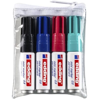 edding 0.5 permanent mini marker - zwart, blauw, turquoise, karmijnrood - 4 stiften - ronde punt 1,5-3 mm - voor karton, kunststof, hout, metaal, etc. - alcohol markers voor volwassenen