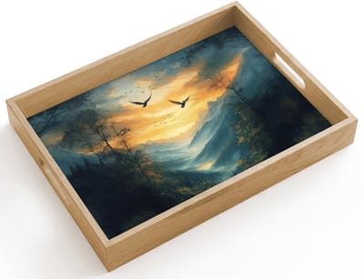 Dienblad hout 40x30 cm - Schootdienblad - Vogels - Zon - Bomen - Groen - Borrelplank rechthoek - Plateau dienbladen