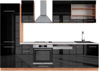 Vicco Fame-Line Complete keukeneenheid – 300 cm, WB Marmer Antraciet hoogglans/goud eiken