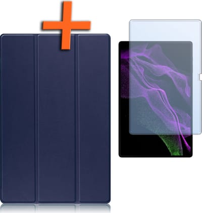 Hoesje - Geschikt voor Samsung Galaxy Tab S9 Ultra - Met Screenprotector - Trifold Bookcase - Hard Cover Case - Met Uitsparing Geschikt voor S Pen - Hardcover Book - Tablet Hoes - Donkerblauw