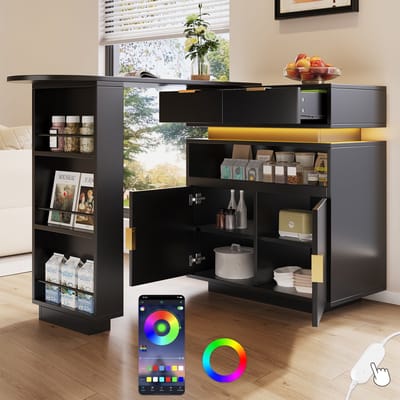Bartafel - 115-183x40x99 cm - Uitschuifbaar Met LED 360° Draaibaar En Opbergruimte - Hout - Zwart