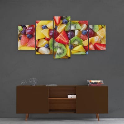 Artaza Canvas Schilderij Vijfluik Diverse Kleurrijke Fruit Achtergrond - 100x50 cm - Wanddecoratie Woonkamer - Schilderijen - Muurdecoratie