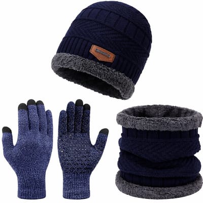 Winterset - Gebreide Beanie Muts, Col-Sjaal & Touchscreen Handschoenen - Wol Gevoerd - Warme Baggy Skimuts - Winter Muts, Nekwarmer en Touchscreen Handschoenen Set voor Heren & Dames - Ideaal voor Skiën & Outdoor - Blauw