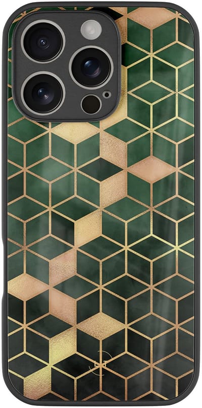 Hoesje geschikt voor iPhone 16 Pro - Kubus groen - Luxe Glazen Hardcase - Hippe print - Groen - Leuke Telefoonhoesjes