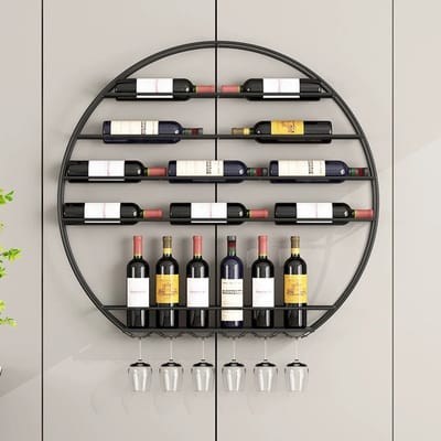 Rond Wijnrek - Metaal - Zwart - Hangend Muur - Glazenhouders