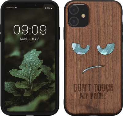 kwmobile telefoonhoesje geschikt voorApple iPhone 11 - Hoesje met bumper - hout - In donkerbruin Parelmoer Don't Touch design