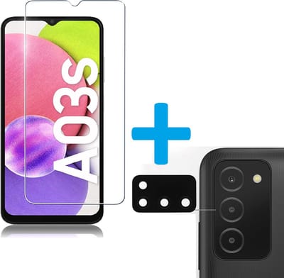 Display Bescherming Schermprotector Tempered Glass Screen Protector + Camera lens zwart Beschermer Geschikt voor: Samsung Galaxy A03s