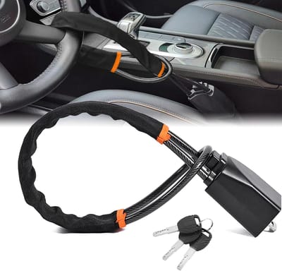 Autostuur- en gordelslot - 17-inch (ca. 43,2 cm) universeel antidiefstalapparaat geschikt voor auto's, SUV's en golfkarretjes | Compact en lichtgewicht veiligheidsslot met multifunctionele sleutel (zwart)-Belle's product