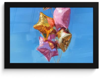 Poster in lijst - Fotolijst 30x20 cm - Posters - Ballonnen - Goud - Stervorm - Roze - Posterlijst zwart - Decoratie - Wanddecoratie woonkamer - Muurdecoratie slaapkamer