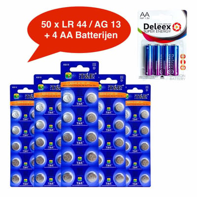 AG 13 / 357A Alkaline batterijen - 5x10 strips = 50 stuks + Gratis 4 stuks AA Batterijen (ook bekend als LR44 G13 L1154 LR1154 357 SR44 A76)