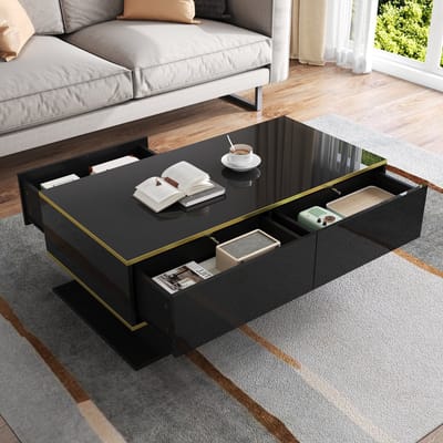 MODENUIT Salontafel - LED-Verlichting En 3 Laden - Voor Woonkamer - Spaanplaat Zwart En Goud - 100x50x40 Cm