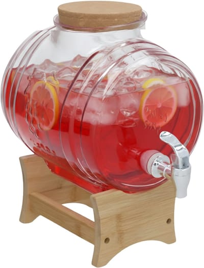 Gerimport Limonade / sap dispenser - 5 Liter - borosilicaat glas - met onderstel en kraantje - glas / hout