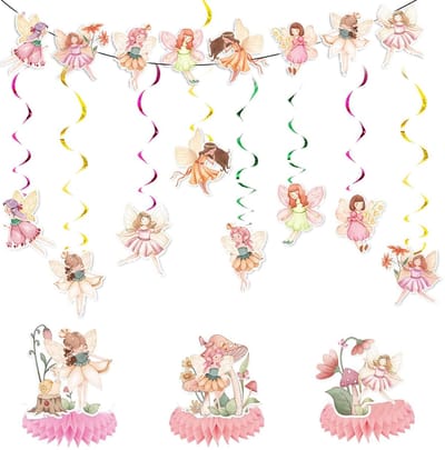 Dailygoods- Verjaardagsdecoratie 18-delig - Feeënbanner - Honingraatdecoraties - Papieren Bloemen - Feestdecoratie - Roze Thema