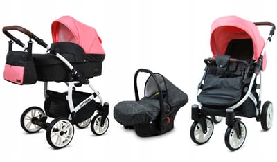 BabyLux® Kinderwagen 3in1 – OPTIMAL - BLACK CORAL WHITE FRAME - Opklapbare Wandelwagen incl. Reiswieg, Multifunctionele Buggy Sportstoel, Autostoel - Combi-kinderwagen met Luiertas, Regenhoes, Klamboe, Bekerhouder, etc.