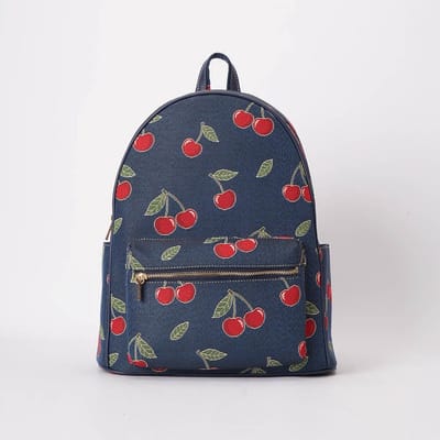 Big Rucksack - Grote Rugtas - Gobelinstof - Cherry - Kersen - Blauwe Achtergrond