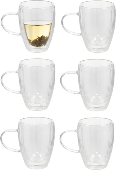 Gerimport Theeglazen Stripes - 6x - dubbelwandig - borosilicaatglas - 350 ml - H11,6 cm - koffieglas