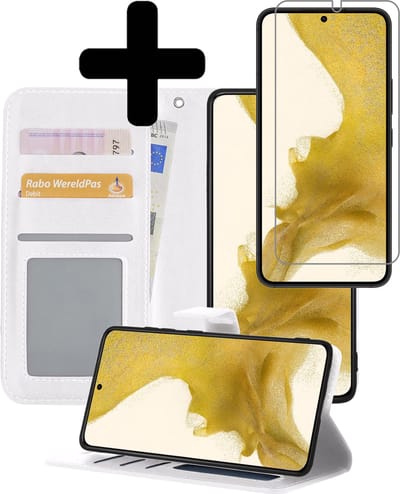 Hoesje - Met Screenprotector - Geschikt voor Samsung Galaxy S22 Plus - Luxe Pasjeshouder - Bookcase Portemonee - Flip Case - Kunstleer Book Case - Flipcase - Book Cover - Walletcase - Portemonneehoes - Telefoonhoesjes - Wit