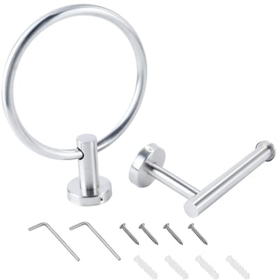 Dailygoods- Badkamerset Roestvrij Staal - Wandrolhouder - Handdoekring - Geborstelde Afwerking - Roestbestendig - Ideaal voor Vochtige Omgevingen - Badkameraccessoires