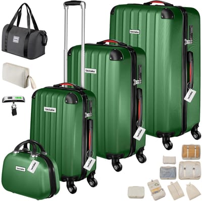tectake® 19-delige Kofferset - Reiskoffer Set met Bagageweegschaal, Label en Accessoires - 360° wielen - ABS Harde Schaal - Koffer met TSA-Cijferslot - Stapelbaar - Trolley Handbagage - Ruimbagage - 95L, 64L, 39L Koffers en Beautycase - Groen