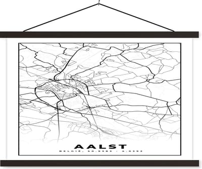 Posterhanger incl. Poster 60x40 cm - Schoolplaat - Stadskaart – Plattegrond – België – Zwart Wit – Aalst – Kaart - Textielposter - Zwarte latten - Stadskaart
