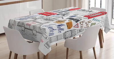 ABAKUHAUS Tafelkleed met krabbels – Londenbus – 140 x 240 cm – Veelkleurig