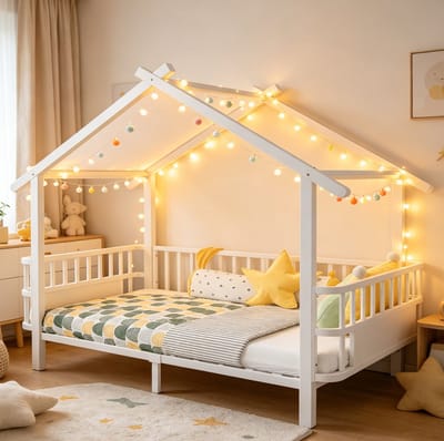 MIVRAY Kinderbed 90x200 cm Zonder Matras - Met Veiligheidshek en Huisvormig Dakframe - Met Lattenbodem - Metaal - Wit