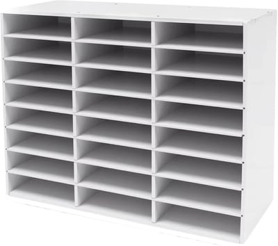 Literatuurorganizer – Voor het sorteren van papier, post en documenten in kantoor of klaslokaal – 24 compartimenten met verwijderbare planken voor flexibel gebruik – 30,0 × 25,0 × 35,0 cm – wit en grijs – kunststof