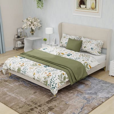 DESMIU Gestoffeerd Bed 140x200cm – Modern Bedframe Met Zacht Hoofdbord – Lage Slaapoplossing Voor Slaapkamer – Stof En Metaal – Beige – Zonder Matras