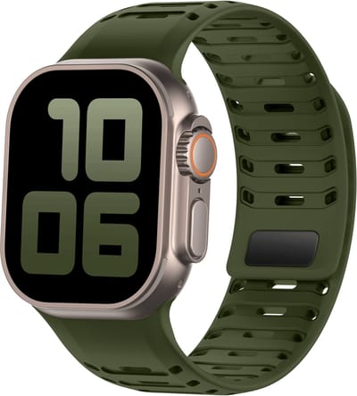 Stravo Siliconen sport horlogebandje voor Apple Watch 46mm (Series 10/11), 45mm (Series 7/8/9), 44mm (Series 4/5/6, SE 1/2/3), 49mm (Ultra 1/2/3) – Met magnetische sluiting en ventilatiesleuven – Groen