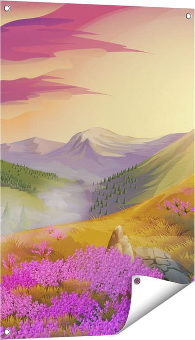 Gards Tuinposter Lavendel Bloemen in de Bergen - Abstract - 60x90 cm - Tuindoek - Tuindecoratie - Wanddecoratie buiten - Tuinschilderij