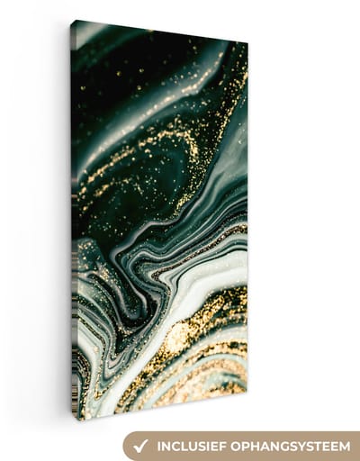 Canvas schilderij 20x40 cm - Wanddecoratie Marmerlook - Goud - Groen - Glitter - Design - Marmer - Muurdecoratie woonkamer - Slaapkamer decoratie - Kamer accessoires - Schilderijen op canvas