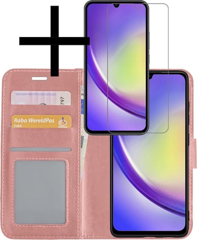 Hoesje - Met Screenprotector - Geschikt voor Samsung Galaxy A34 - Luxe Pasjeshouder - Bookcase Portemonee - Flip Case - Kunstleer Book Case - Flipcase - Book Cover - Walletcase - Portemonneehoes - Rosé goud