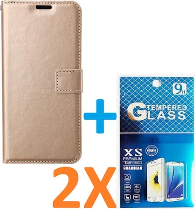 Portemonnee Book Case Hoesje + 2x Screenprotector Glas Geschikt voor: iPhone 6 Plus / 6S Plus - goud