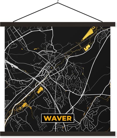 Posterhanger incl. Poster 60x60 cm - Schoolplaat - Waver - Stadskaart - Plattegrond - Goud - Kaart - Textielposter - Zwarte latten - Stadskaart