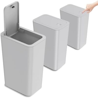 PromoHome Vuilnisbad Badkamer 3 stuks - Smal Afvalemmer 10L Met Deksel - Geurloos voor Keuken, Kantoor, Woonkamer, WC (Grjis)