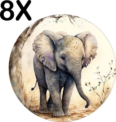 Luxe Ronde Placemat - Getekende Schattige Baby Olifant naast een Boom - Set van 8 Placemats - 50x50 cm - 2 mm dik Vinyl - Anti Slip - Afneembaar
