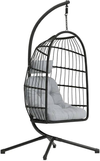 Egg Hangstoel met Standaard & Kussen - Egg Chair - Stalen Frame - Opvouwbare Hangschommel - Schommelstoel - Tuinstoel - tot 120 kg - Verstelbare Hoogte - voor Binnen / Buiten - voor Tuin, Terras, Balkon - Zwart + Lichtgrijs
