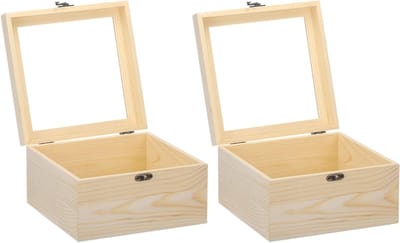 Onbeschilderde Houten Opbergdoos met Scharnierdeksel, 19 x 19 x 12 cm, Kleine Houten Sieradenbox met Glazen Deksel voor Doe-Het-Zelf Projecten, Sieradenverzameling, 2 Stuks, Beige