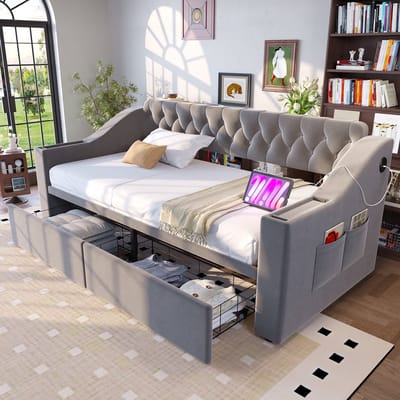 DESMIU Gestoffeerde Slaapbank 90x190 cm – Met USB-Laadpoort En Opbergruimte – Armleuningen Met Vakken En Lades – Zonder Matras – Fluweel – Lichtgrijs