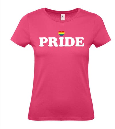 Dames T-shirt Pride met hartje | Regenboog vlag | Gay pride kleding | Pride shirt | Roze | maat M
