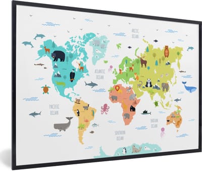 Poster in lijst - Fotolijst 120x80 cm - Posters - Wereldkaart - Dieren - Kinderen - Posterlijst zwart - Decoratie - Wanddecoratie woonkamer - Muurdecoratie slaapkamer