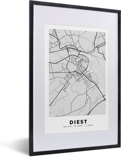 Fotolijst incl. Poster Zwart Wit- Plattegrond – Diest – Zwart Wit – Stadskaart - Kaart - 40x60 cm - Posterlijst
