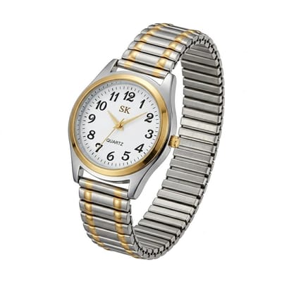 Goud zilverkleurig analoog horloge dames – ronde witte wijzerplaat met duidelijke cijfers – twee kleur schakelband – quartz horloge
