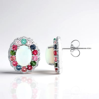 Cavill - 925 Sterling Zilver Geplatineerde Oorbellen - 1 56 ct Welo Opalen & Toermalijnen - Elegante Ovale Cabochon 14 mm