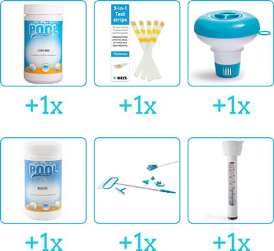 Zwembad Onderhoudspakket - Onderhoud Zwembad - bevat Chloor - Testrips - Chloordrijver - Chloor - Schoonmaakset en Thermometer (6-delig)