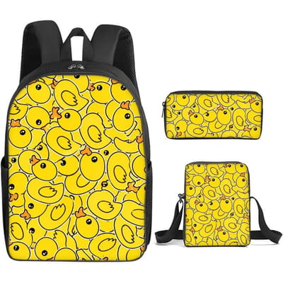 Caneton Jaune Imprimé Set de 3 Pièces Sac à Dos avec Sac Bandoulière, Trousses à Crayons pour Garçon/Fille Meilleur Cadeau Sacs d'École Étudiant Dessin Animé