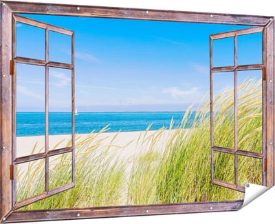 Gards Tuinposter Doorkijk Strand en Zee met een Zeilboot - 180x120 cm - Tuindoek - Tuindecoratie - Wanddecoratie buiten - Tuinschilderij